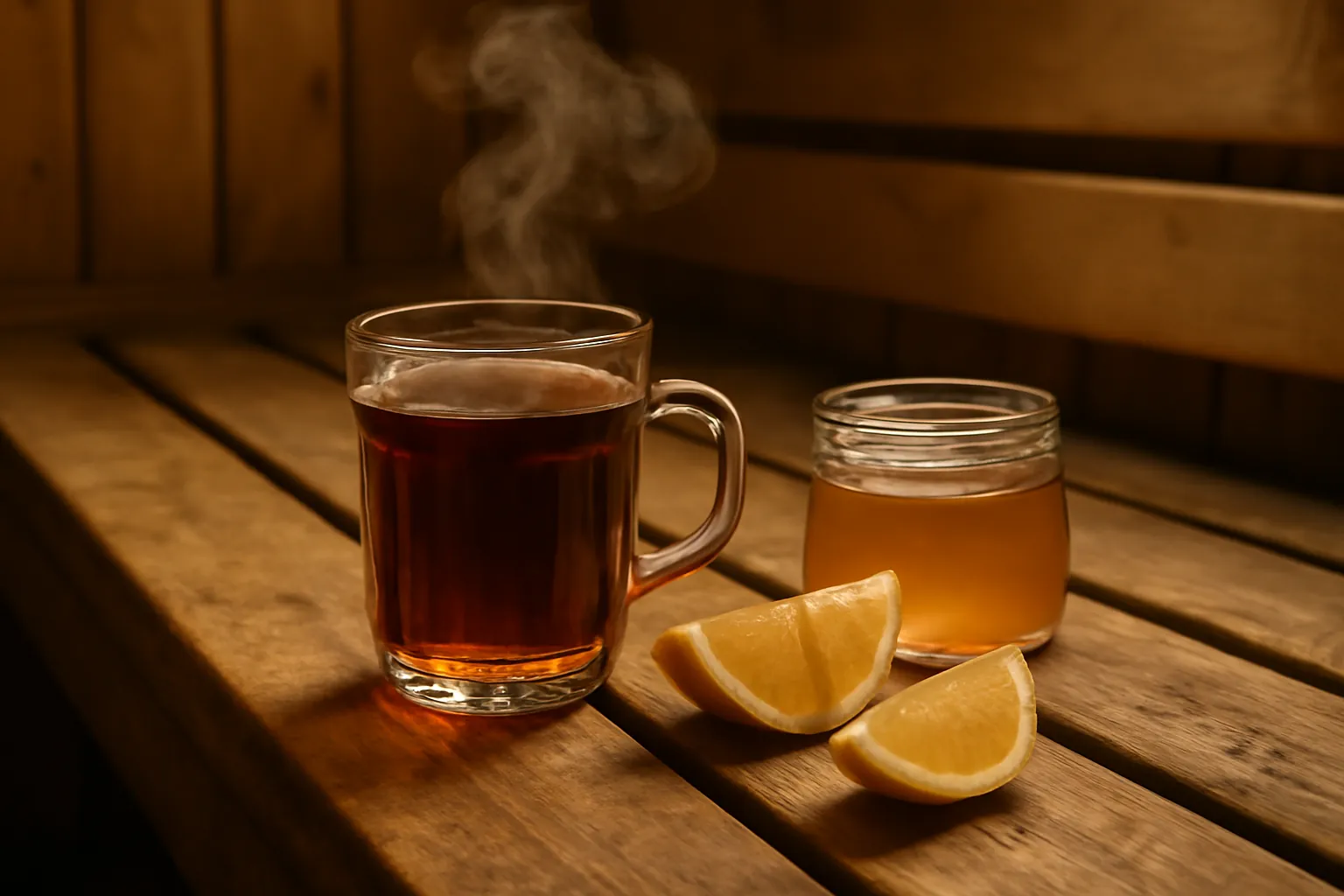 Verre de thé noir russe fumant sur banc de bois avec citron et pot de miel