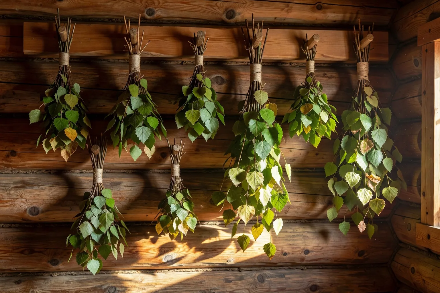 Mur en bois de banya avec plusieurs veniki de bouleau suspendus à sécher