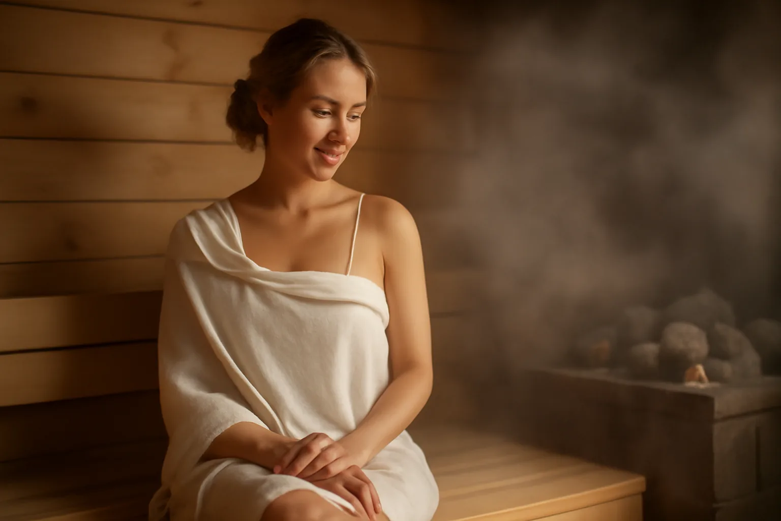 Femme russe souriante enveloppée dans un drap de lin blanc assise sur le banc en bois d'un bain russe, vapeur diffuse et lumière chaude