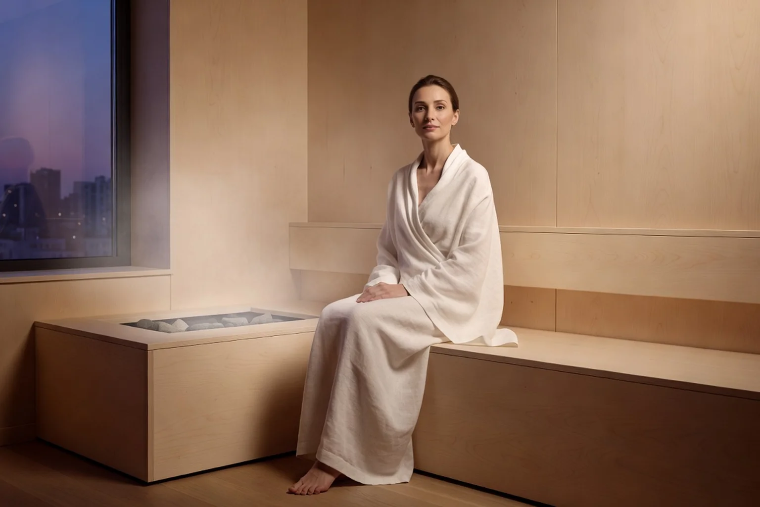 Femme russe en peignoir blanc assise dans une petite banya compacte en bois clair d'un appartement urbain, fenêtre avec vue de ville au crépuscule