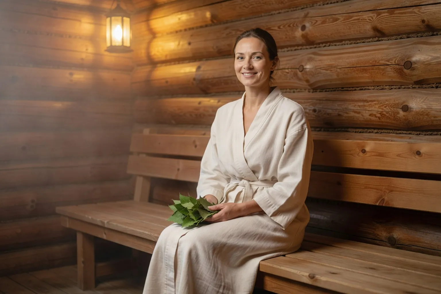 Femme russe souriante en peignoir de lin, assise sur un banc en bois de banya avec un veniki de bouleau dans les mains, ambiance chaleureuse et vapeur